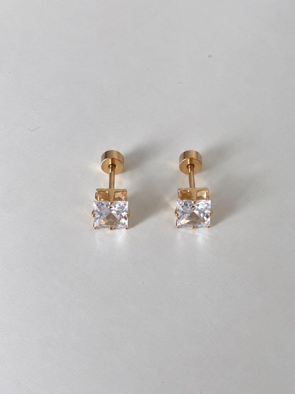 18K Gold PVD Square CZ Screw Back Stud Earrings